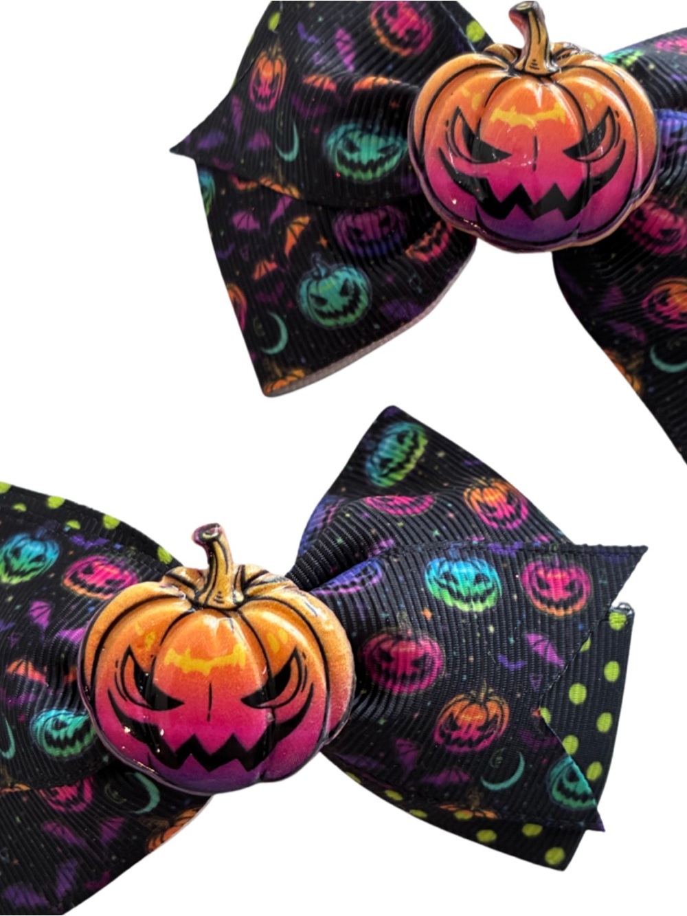 2 Halloween Hair Bows | Neon Jack-O’-Lantern Pumpkin Bows | 3” Alligator Clip